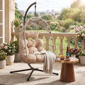 [Beige] hanging egg chair with cushioned seat and stand for stylish indoor outdoor garden lounging