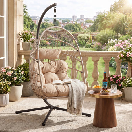[Beige] hanging egg chair with cushioned seat and stand for stylish indoor outdoor garden lounging