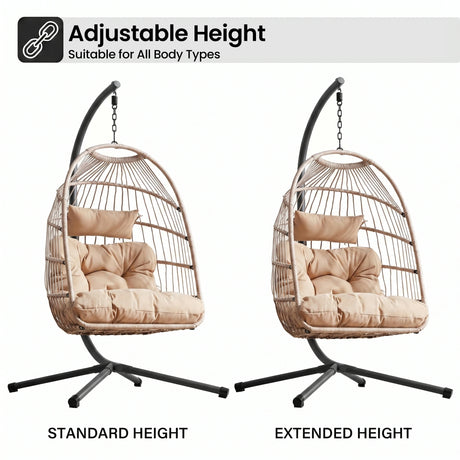 [Beige] Two hanging egg chairs with adjustable height options on a white background