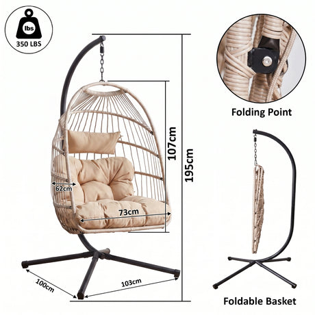 [Beige] Hanging chair with dimensions and features highlighted on a white background