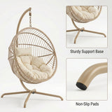 [Beige] Woven hanging chair with cushioned seat on a white background, highlighting sturdy support base and non-slip pads