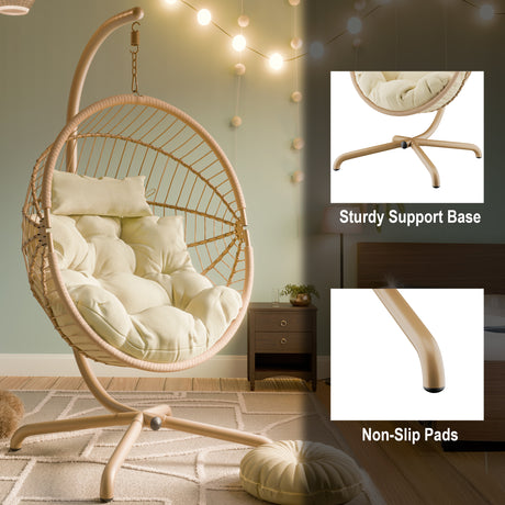 Beige hanging egg chair UK with non-slip pads and a sturdy support base for stability.