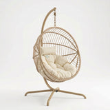 [Beige] Woven hanging chair with beige cushion on a white background