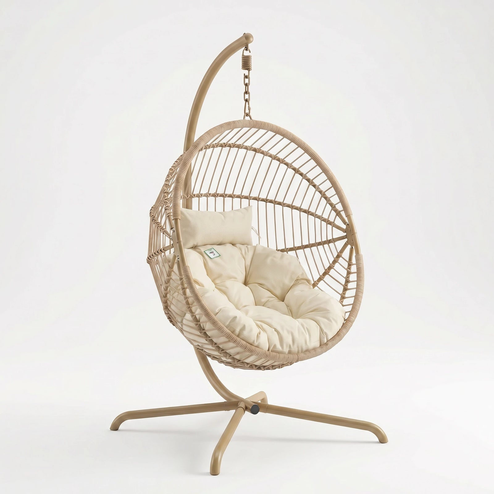[Beige] Woven hanging chair with beige cushion on a white background