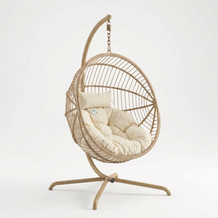[Beige] Woven hanging chair with beige cushion on a white background