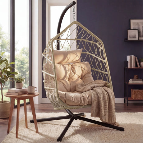 Stylish hanging egg chair with a stand in the living room with wooden side table, offering comfort and relaxation.