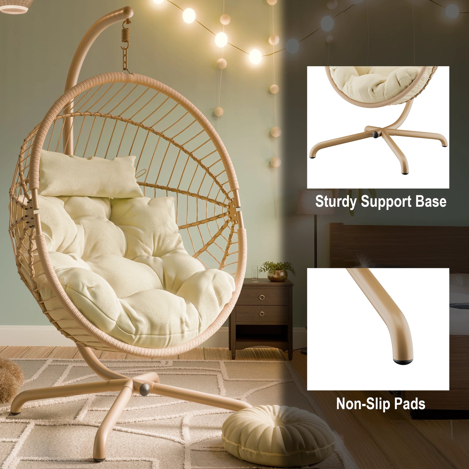 [Beige] Wicker hanging chair with cushions in a room setting, highlighting sturdy support base and non-slip pads.