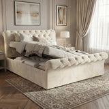 [King | Beige] Chesterfield Ottoman Bed with gas-lift base open, showing spacious under-bed storage holding folded linen