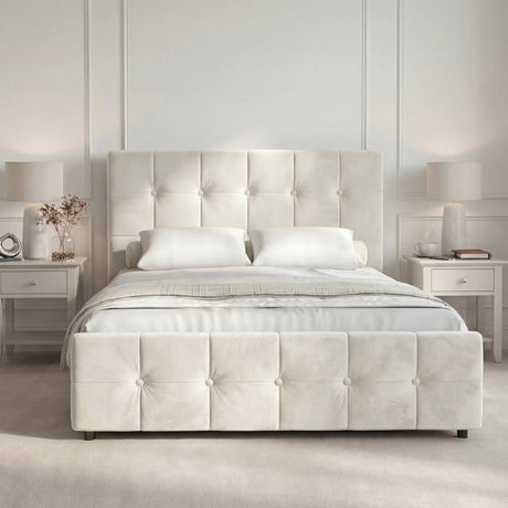Front view of king-size Square Ottoman Storage Bed in beige velvet with button-tufted headboard and footboard