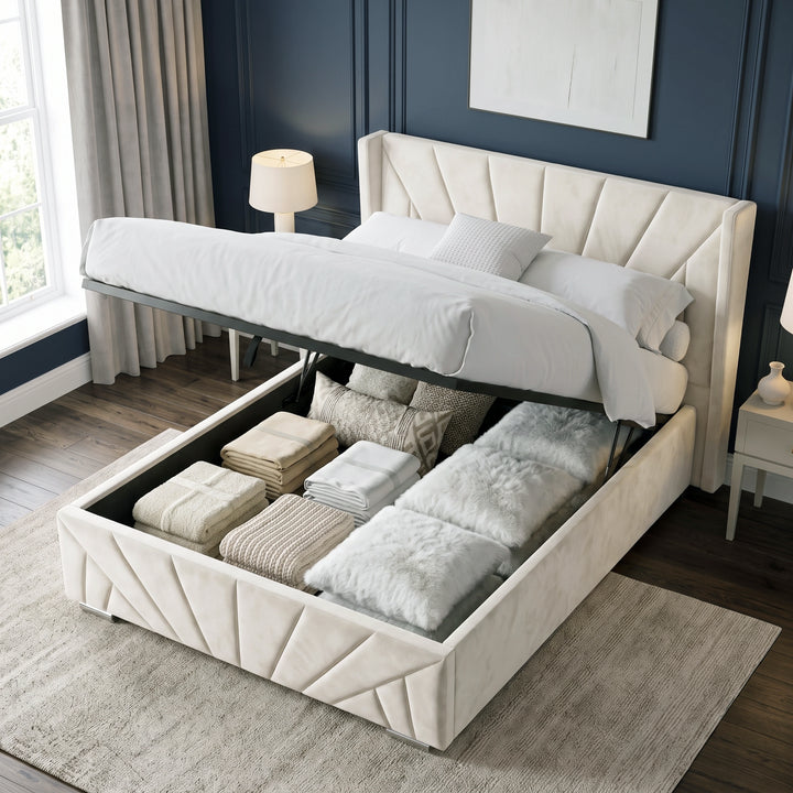 [King | Beige] Hydraulic lift mechanism raised to reveal under-bed storage space on the Sunrise King Ottoman Storage Bed Frame Beige Velvet.