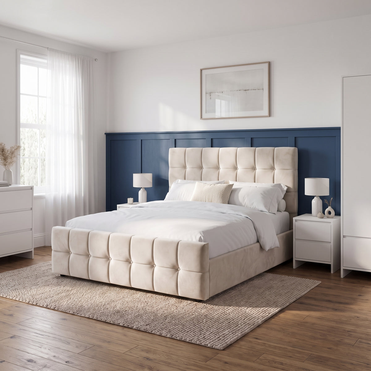 [King | Beige] King Ottoman Storage Bed Frame Beige Velvet Square Tufted styled in a spacious bedroom with navy blue wall panelling.