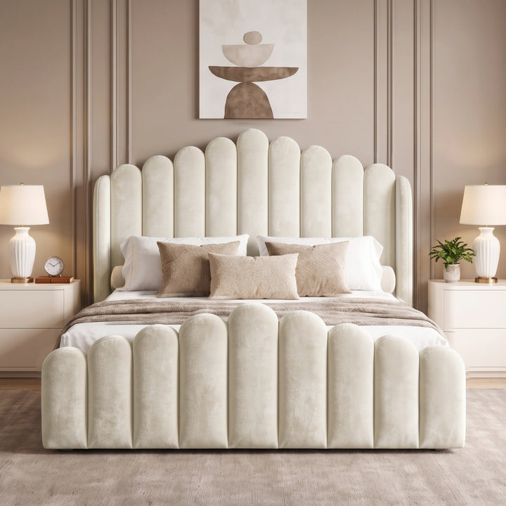 [King | Beige] Front view of velvet ottoman storage bed with scalloped channel headboard and matching footboard