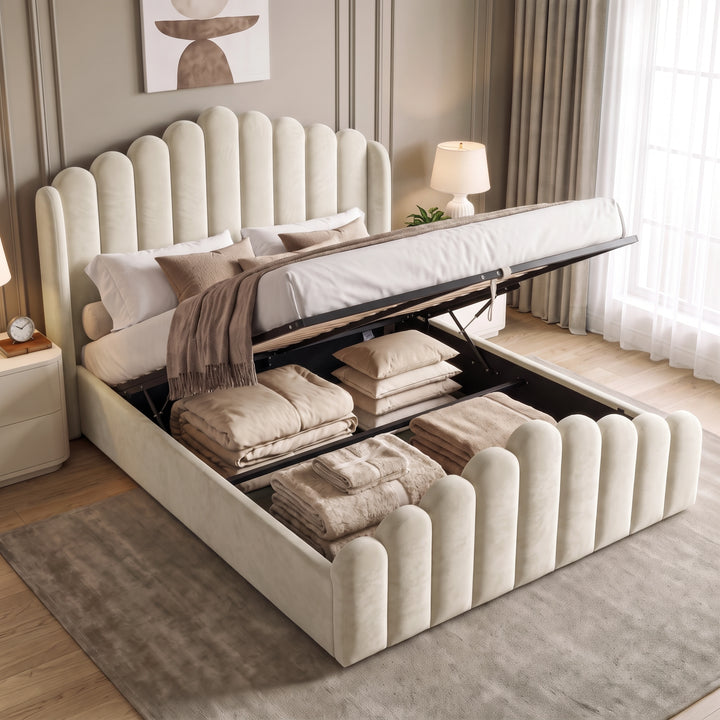[King | Beige] Velvet ottoman bed open from the foot end, showing gas-lift frame and full bedding storage
