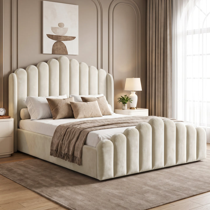 [King | Beige] Velvet ottoman storage bed in a bedroom, with scalloped channel headboard and matching footboard