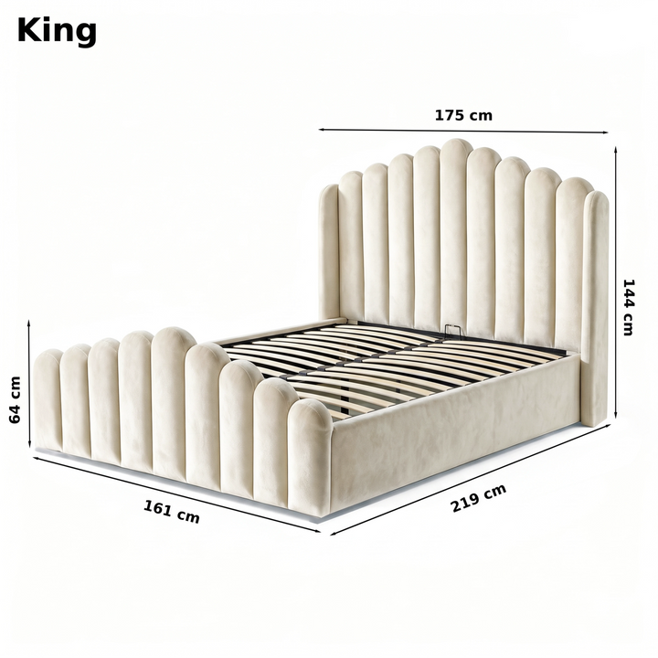 [King | Beige]  Ottoman bed size: headboard 175W, base 161W x 219L, 144H; foot end 64H cm