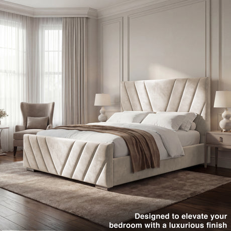 Angled view of the beige king-size ottoman bed headboard, showcasing its luxurious upholstery and contemporary style