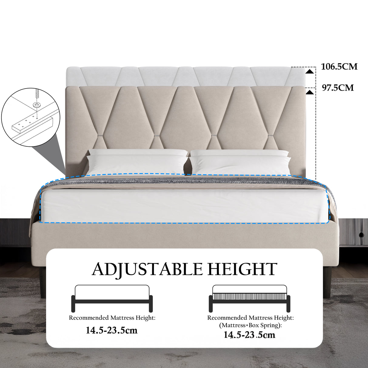 Beige upholstered bed with mattress and dimensions displayed on a gray background