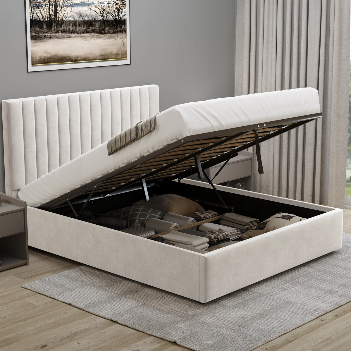 [Beige | King] Beige king size vertical channel tufted ottoman bed lifted open showing spacious under-bed gas-lift storage compartment