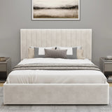 [Beige | King] King size beige upholstered vertical stitched ottoman bed frame shown from a straight-on front angle in a bedroom