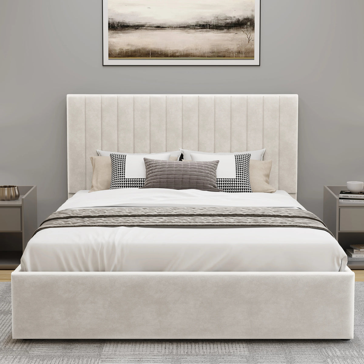 [Beige | King] King size beige upholstered vertical stitched ottoman bed frame shown from a straight-on front angle in a bedroom