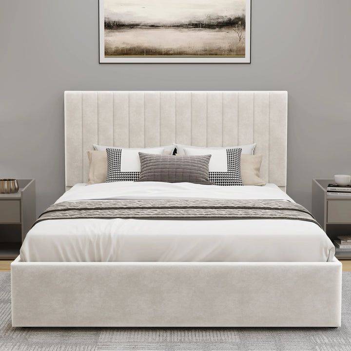 [Beige | King] King size beige upholstered vertical stitched ottoman bed frame shown from a straight-on front angle in a bedroom