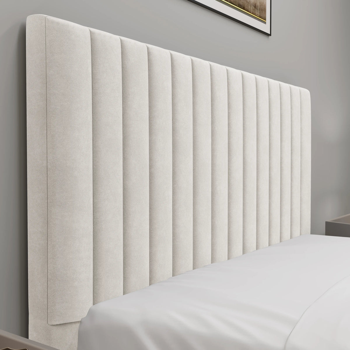 [Beige | King] Close-up view of the beige upholstered vertical channel stitched headboard on a king size ottoman bed frame