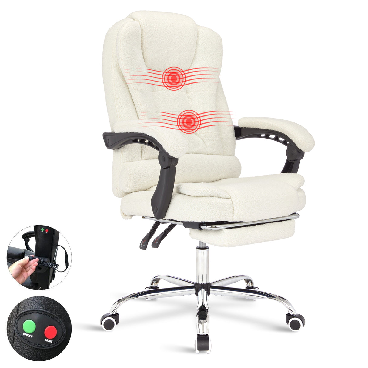 Beige office chair with 2-point massage, multiple modes and USB connection for comfort.