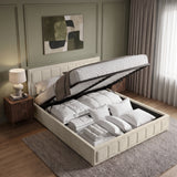 [Super King | Beige] An upholstered bed frame in a beige or off-white fabric, styled with white bedding, pillows, and a beige throw blanket in a modern bedroom setting.