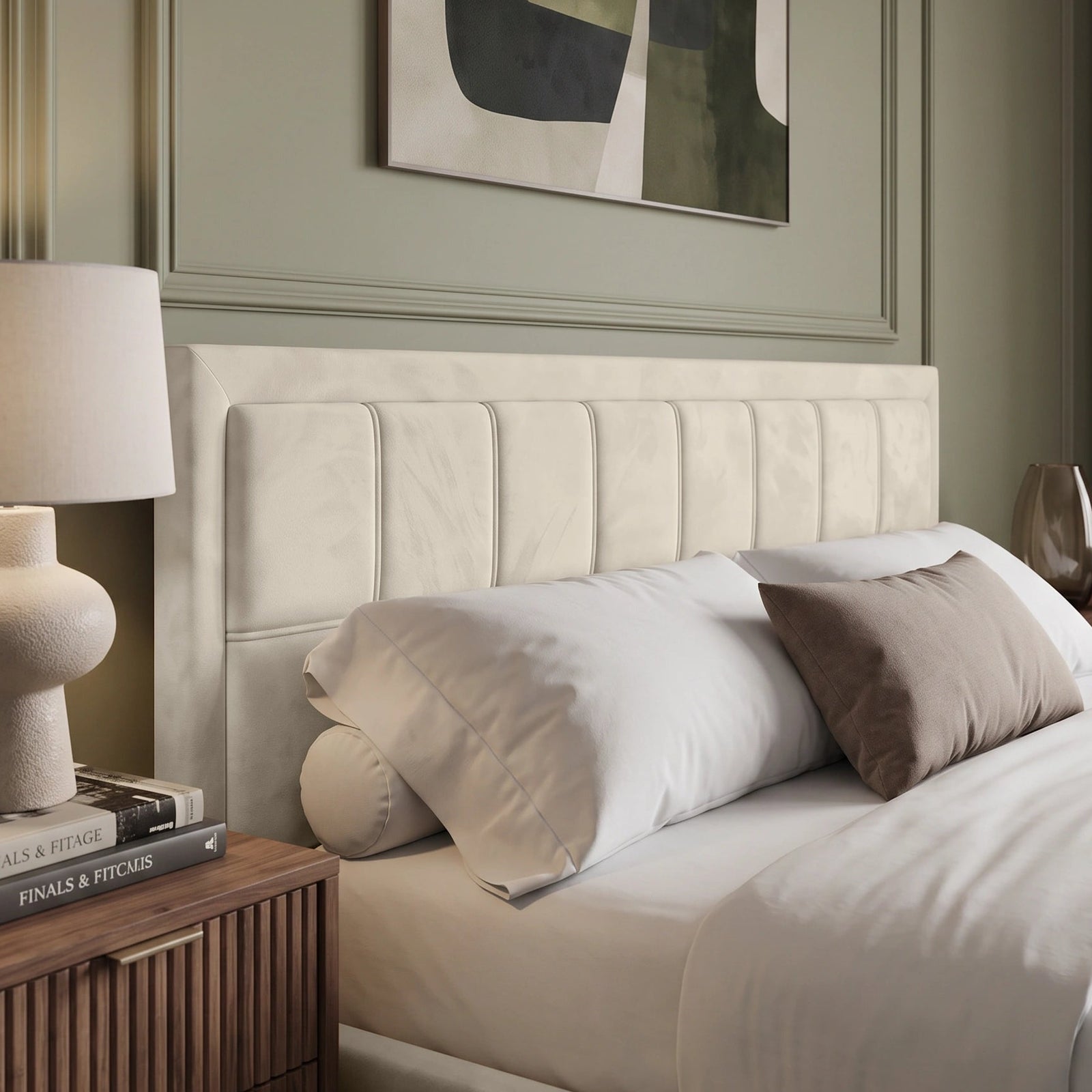 [Super King | Beige] Close-up of velvet ottoman storage bed headboard showing vertical padded channel panels