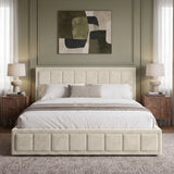 [Super King | Beige] Velvet end lift ottoman bed shot head-on, dressed in white sheets with throw runner across mattress