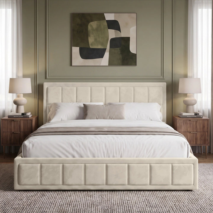 [Super King | Beige] Velvet end lift ottoman bed shot head-on, dressed in white sheets with throw runner across mattress