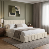 [Super King | Beige] upholstered bed with a tufted cream headboard and matching footboard, styled in a contemporary bedroom with sage green walls, wood paneling, matching curtains, bedside tables, and a textured rug.