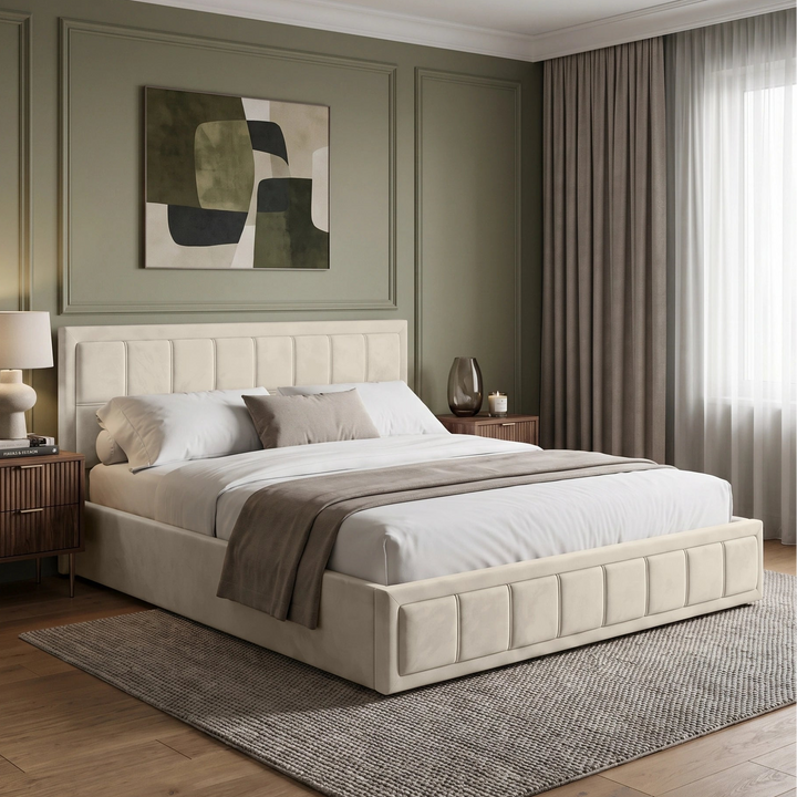 [Super King | Beige] upholstered bed with a tufted cream headboard and matching footboard, styled in a contemporary bedroom with sage green walls, wood paneling, matching curtains, bedside tables, and a textured rug.