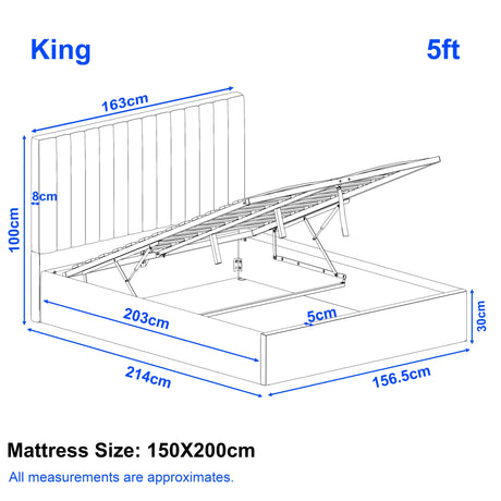 Diagram of a bed frame with dimensions labeled, showing a King size mattress.