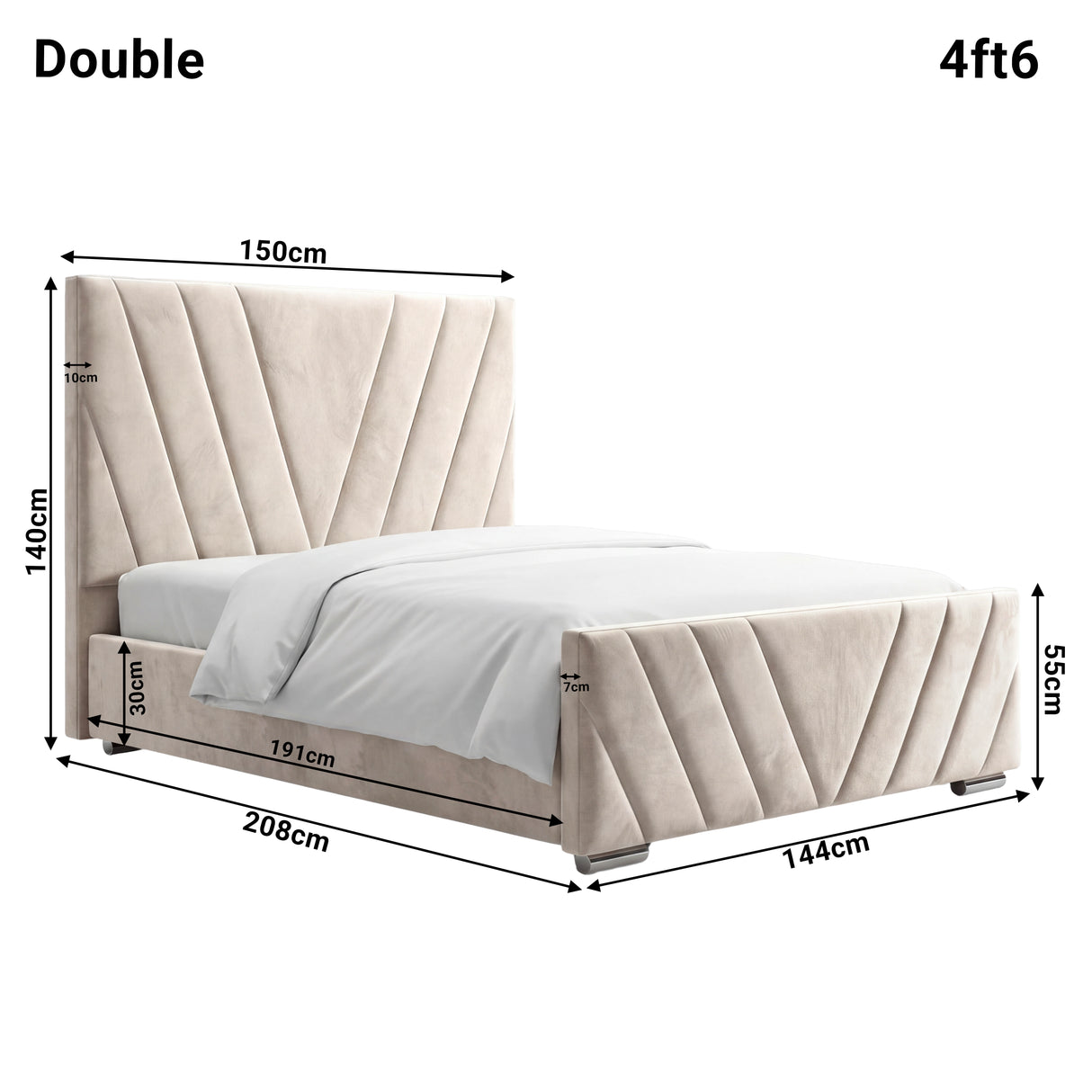 Detailed dimensions of the beige velvet ottoman double bed, highlighting height 140 cm, width 150 cm and length 208 cm