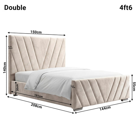 Detailed dimensions of the beige velvet ottoman double bed, highlighting height 140 cm, width 150 cm and length 208 cm