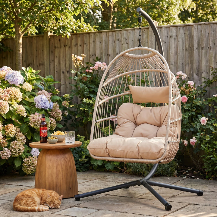 [Beige] Outdoor hanging chairs garden egg chair with beige cushions and sturdy metal stand