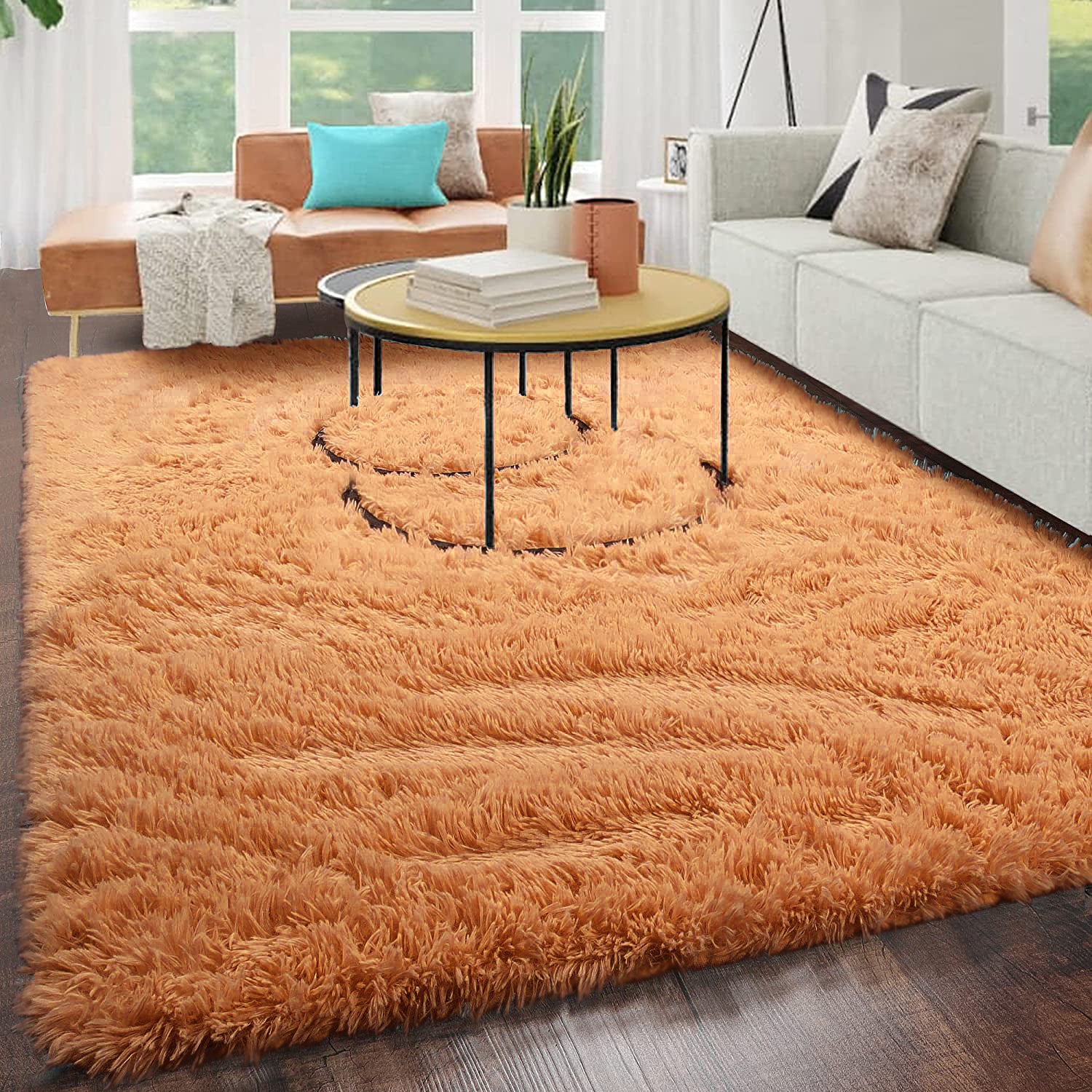 Beige shaggy rug with soft fluffy texture, enhancing a cozy and modern living room decor