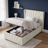 [Single | Beige] Hydraulic lift mechanism raised to reveal under-bed storage space on the Sunrise Single Ottoman Storage Bed Frame Beige Velvet.