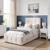 [Single | Beige] Single Ottoman Storage Bed Frame Beige Velvet Square Tufted styled in a modern bedroom setting with blue wall panelling.