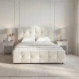 Front view of small- double Square Ottoman Storage Bed in beige velvet with button-tufted headboard and footboard