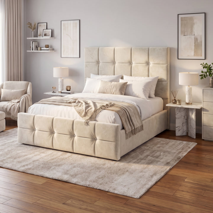 [Small Double | Beige] Small Double Ottoman Storage Bed Beige Velvet Square Tufted styled in a bright, modern bedroom environment.