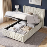 [Small Double | Beige] Elevated side view showing the raised hydraulic ottoman lift storage space on the Sunrise Small Double Ottoman Storage Bed Frame Beige Velvet.