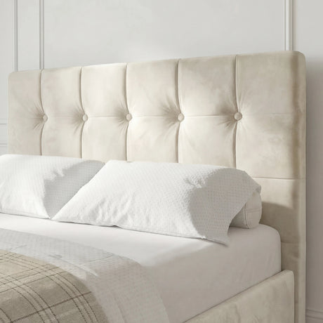 Close-up of the beige velvet headboard with square tufting, part of the king size Ottoman Bed Frame collection