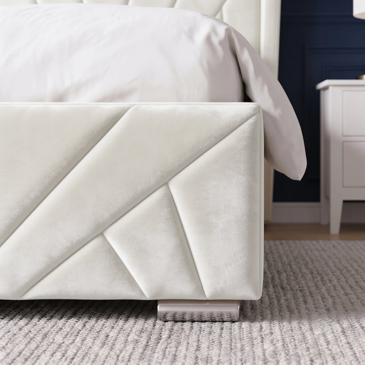 [Double | Beige] Close-up detail of the chrome corner foot and sunburst stitching on the Sunrise Double Ottoman Storage Bed Frame Beige Velvet.