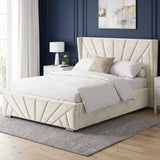 [Double | Beige] Angled view of the Sunrise Double Ottoman Storage Bed Frame Beige Velvet styled on a grey rug.