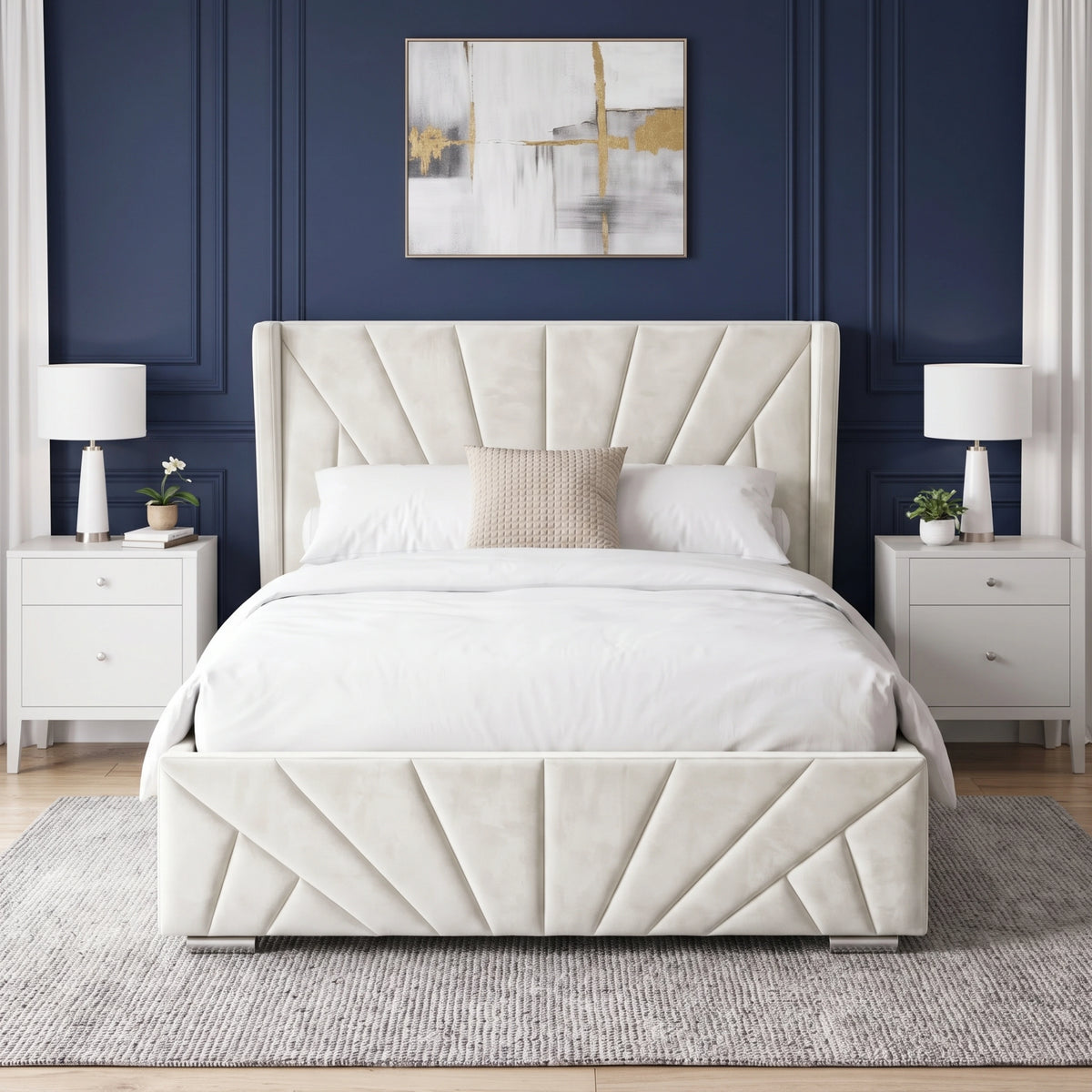 [Double | Beige] Front view of the Sunrise Double Ottoman Storage Bed Frame Beige Velvet showing the sunburst pattern footboard.