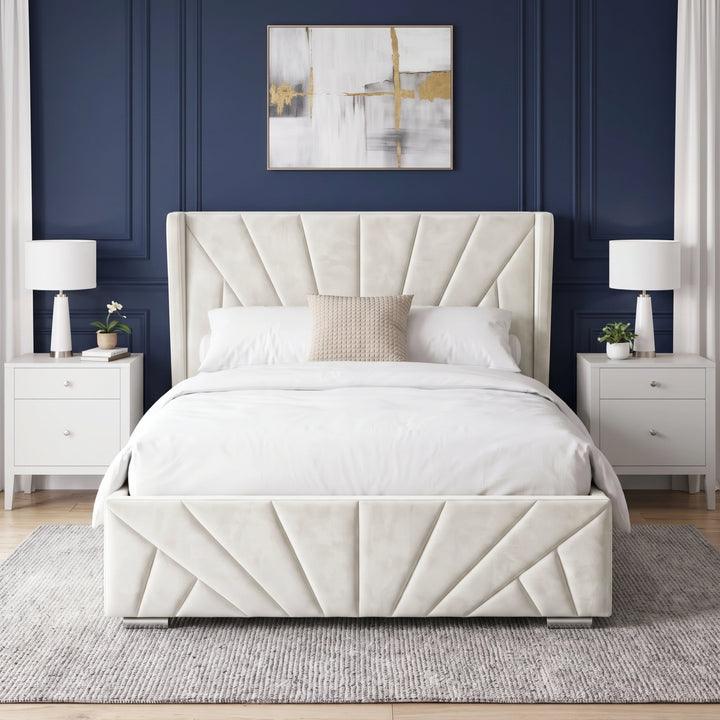 [Double | Beige] Front view of the Sunrise Double Ottoman Storage Bed Frame Beige Velvet showing the sunburst pattern footboard.