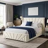[King | Beige] Angled view of the Sunrise King Ottoman Storage Bed Frame Beige Velvet styled with blue bedding accents.