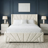 [King | Beige] Front view of the Sunrise King Ottoman Storage Bed Frame Beige Velvet centered between white nightstands.